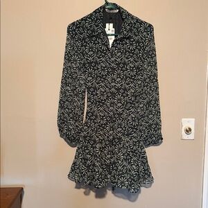 NWT Zara green and white floral print chiffon collared belted mini dress.Medium